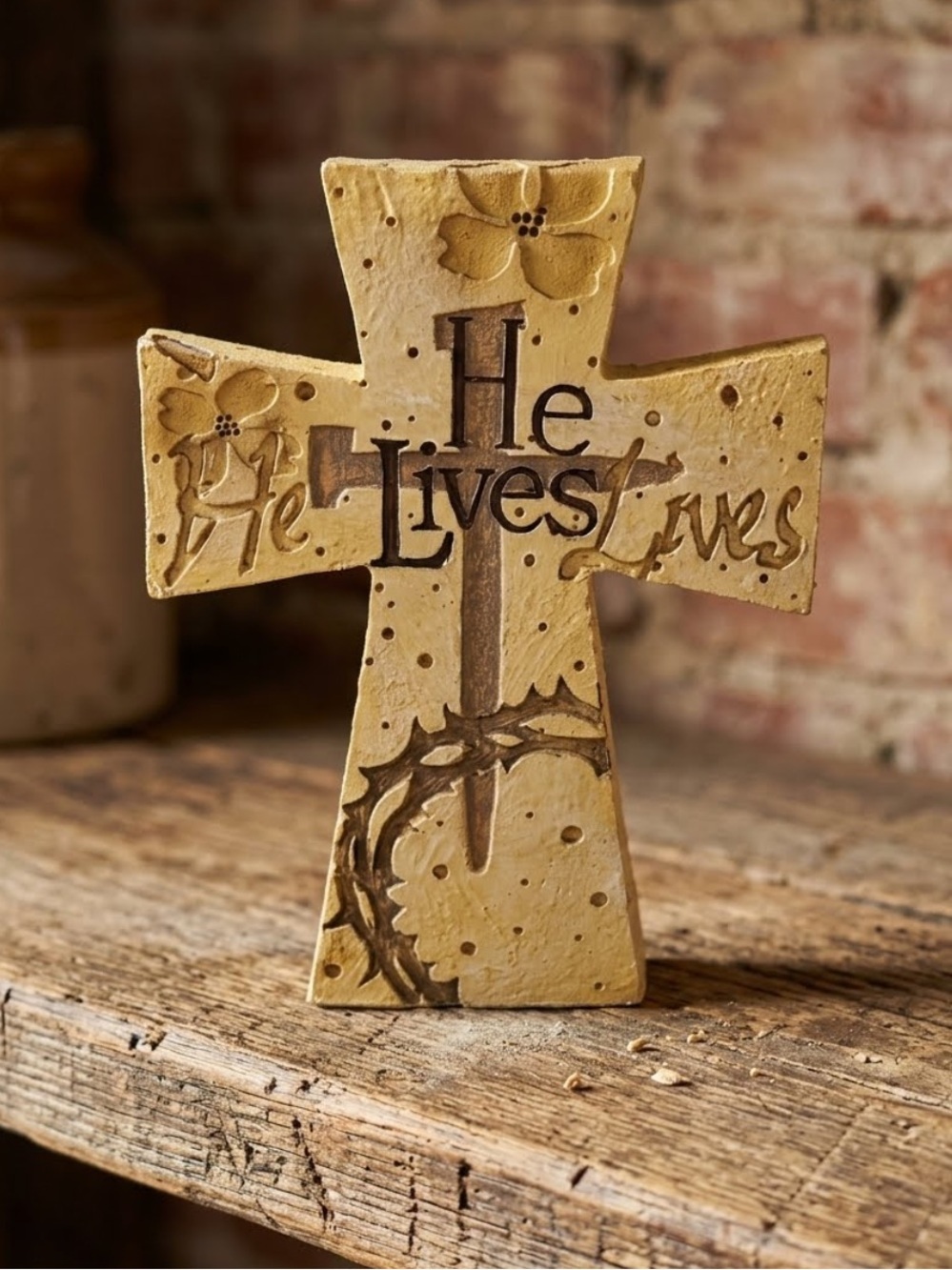 He Lives (front) Love (Back) Decorative Cross - Yellow & Brown Accents